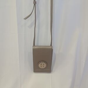 Brighton Silver Gray Crossbody Card Holder Adjustable Strap and Metallic Emblem